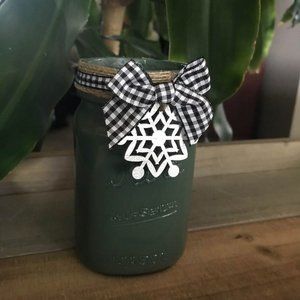 Spruce Green Mason Jar w/White & Black Buffalo Check Ribbon & Silver Snowflake